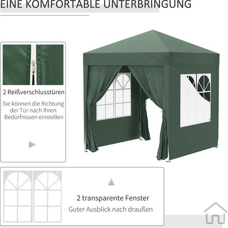 Pavillon de fête, abri de jardin, 4 parois latérales amovibles, 2 fenêtres, cadre métallique, 2 x 2 m, vert foncé (1/5)