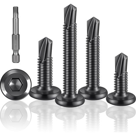 Lot de 60 vis autotaraudeuses - Noir - 5,5 x 25 mm - En acier inoxydable à tête plate à six pans creux - Vis auto-taraudeuses - Pour métal, bois, acier - Avec entraînement à six pans creux (1/5)