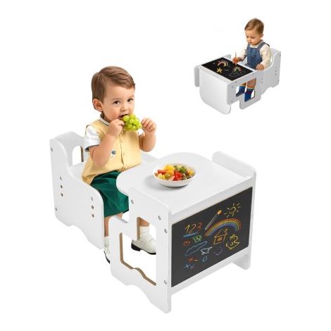 3 en 1 Juego de Mesa y Silla Montessori para Destete con Pizarra, mesa Montessori de altura ajustable 380 x 316 x 400 mm para Leer, Dibujar, Comer y Jugar para Niños de 1 a 5 Años, Blanco