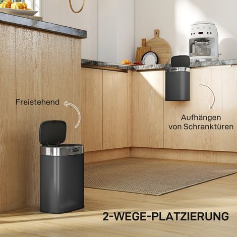 Poubelle cuisine inox brossé avec couvercle maintien ouvert, bac interne amovible, 21,5 x 19,5 x 30 cm, finition noir mat, corbeille salle de bain ou bureau, 30 L (1/5)