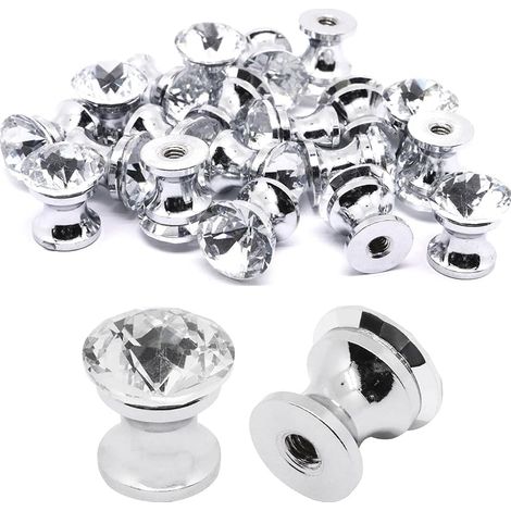 Lot de 20 mini poignées de tiroir en cristal pour boîte à bijoux, armoires, armoires en bois, placards, armoires (cristal) 1,4 cm de diamètre (1/5)