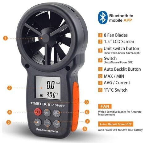Digital Wind Speed Anemometer, Bluetooth Wireless Wind Chill and Temperature Monitor