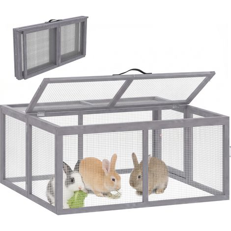 Kaninchenstall für draußen, faltbares Holzgehege mit aufklappbarem Dach und Griff für Hühner und Enten, 110 x 105 x 50 cm, Grau