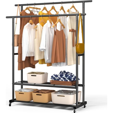 VOUNOT® Stand Appendiabiti Doppio in Metallo con Ruote, Appendiabiti da Terra con 2 Ripiani, 120x40x146cm, Nero