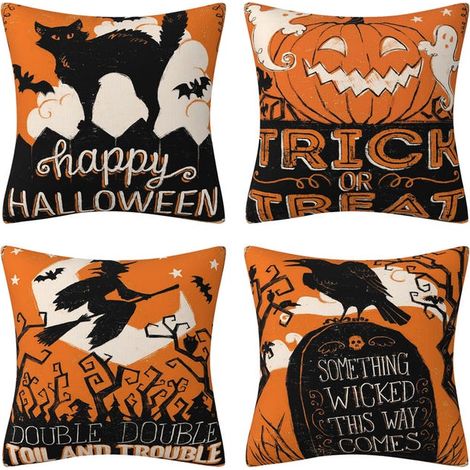 Juego de 4 fundas para cojines de sofá, 45x45 cm, funda de almohada de lino otoñal, decoración del hogar, funda de cojín de Halloween (1/5)