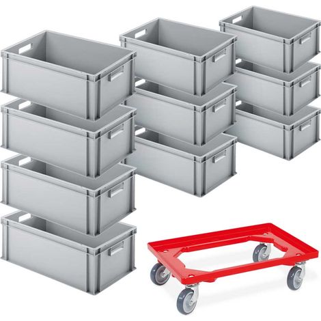 BRB Lot de 10 boîtes de rangement en carton euro 600 x 400 x 220 mm + 1 chariot de transport (1/3)
