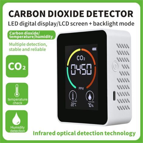 Détecteur de CO2 3 en 1 - Moniteur d'air CO2 - Détecteur de dioxyde de carbone - Qualité de l'air - Température et humidité - Pour maison, bureau, serre, entrepôt - Blanc (1/4)