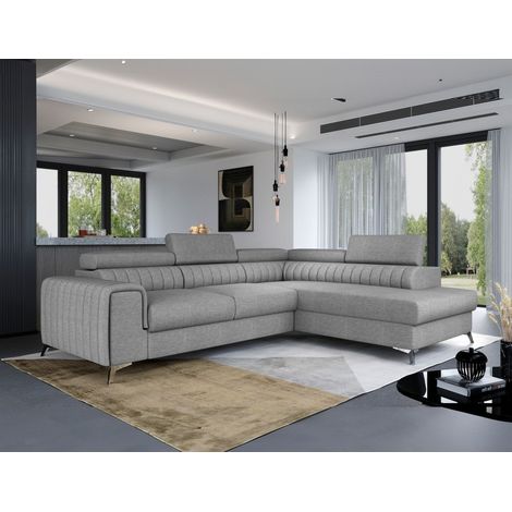 Ecksofa mit Schlaffunktion Sofa ELENI Stoff Sawana Hellgrau Ottomane Rechts (1/4)