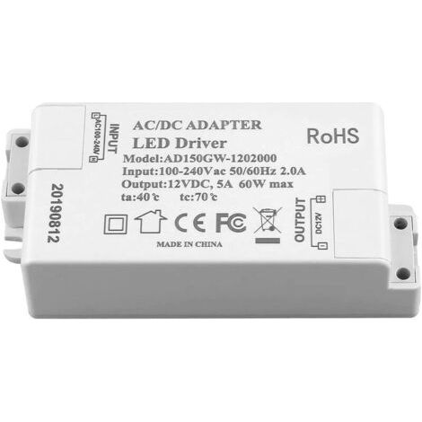 Transformateur d'alimentation LED Adogo - 60 W, 12 V CC, 5 A - Tension constante pour lampes à LED et ampoules LED G4, MR11, MR16, blanc, 60W 60.00watts 12.00volts (1/4)