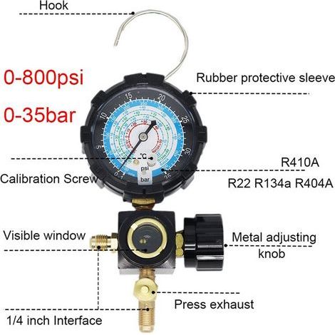 Convient pour deux manomètres inférieurs, compatible avec les réfrigérants R410A, R22 et R404A, manomètre à collecteur unique avec vanne de contrôle, utilisé pour le chargement de réfrigérant de clima (1/3)
