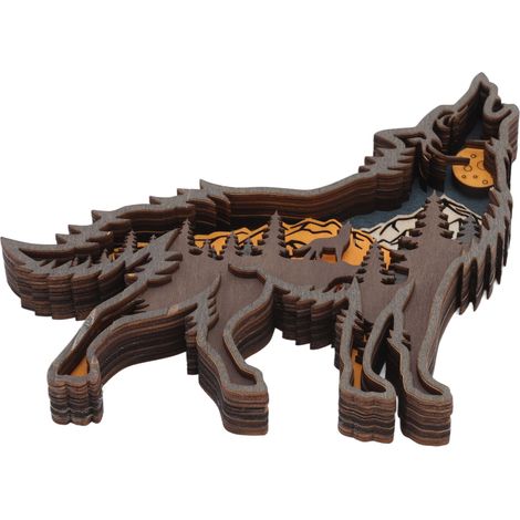 Loup en bois sculpté décoratif, ornement de Noël artisanal, figurine loup lumineuse avec guirlande lumineuse (piles bouton incluses) (1/5)