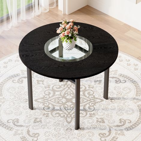 Mesa de comedor redonda 100 cm, MDF negro efecto madera, vidrio gris, metal HAVRYA (1/5)