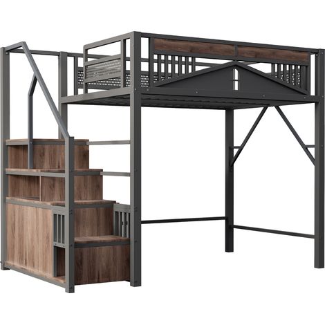 Hochbett 140 x 200 cm aus schwarzem Metall mit Aufbewahrungstreppe und Fenster-Geländer MODENUIT (1/5)