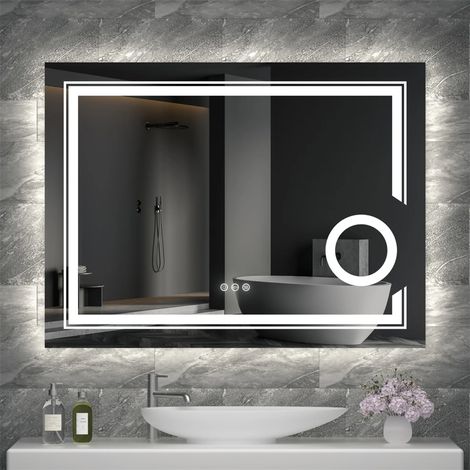LED Badspiegel 90 x 70 cm Badezimmerspiegel mit Beleuchtung Wandspiegel mit 3-Fach Vergrößerung Schminkspiegel, Touchschalter 3 Lichtfarbe 3000-6500K, Beschlagfrei (1/5)