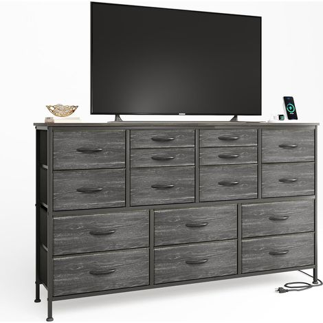 Chest of Drawers avec station de chargement, 16 tiroirs pour chambre à coucher, dressing large, grand dressing, vins en bois noir (1/5)
