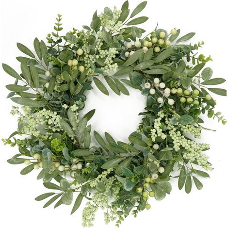 Couronne - Couronne d'eucalyptus - Couronne de porte - Couronne d'olivier - Couronne artificielle - Avec baies - Pour porte d'entrée, mur et véranda - Intérieur et extérieur - Décoration printemps-été (1/5)
