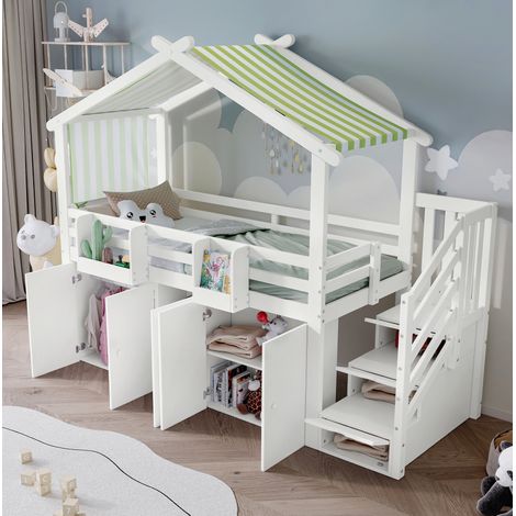 Letto a castello per bambini con tetto, scala contenitore e armadio, legno massello+MDF bianco/verde, 90x200 cm (1/5)