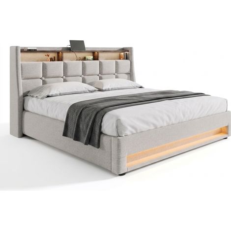 Bett mit Stauraum 180x200 cm in Leinen, Doppelbett mit USB, LED, gepolstertem Kopfteil, ohne Matratze, Beige (1/5)