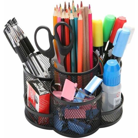 Rotating Desk Pen Holder, Office Metal Pen Holder with Non-Slip Rubber Mat, 360° Rotation and 7 Slots, Office Supplies Organizer, Black MUMU (1/4)
