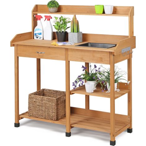 Yaheetech Table de Préparation pour Semis en Bois Plan de Travail avec Tiroirs Amovibles et Etagères de Rangement en Bois Couleur du Bois