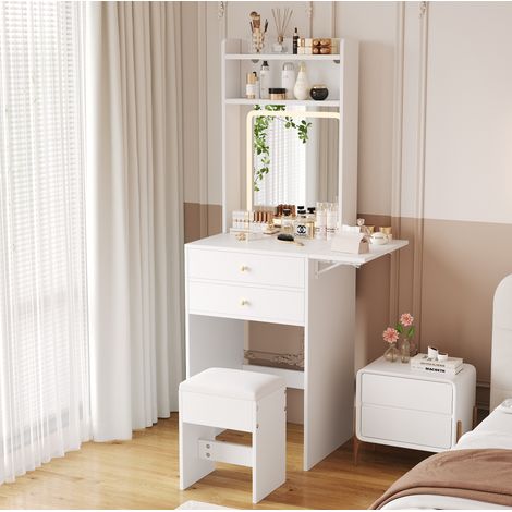 Toeletta 75x45x156 cm bianco in MDF con specchio LED regolabile e sgabello