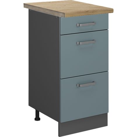 Mobiletto base per cucina R-Line, Grigio-blu, 40 cm con cassetti, PL Rovere, Vicco
