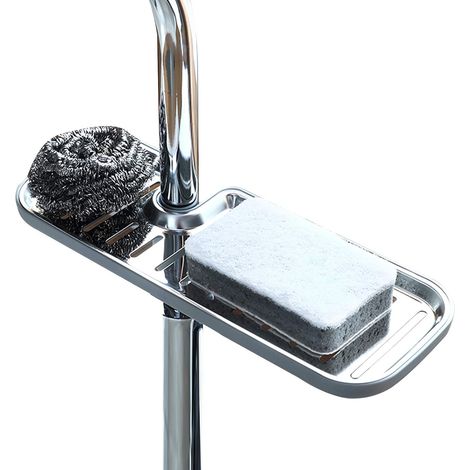 Porte-éponge pour robinet, support de rangement pour robinet, support de rangement suspendu réglable pour robinet d'évier de cuisine en acier inoxydable (L) (1/5)