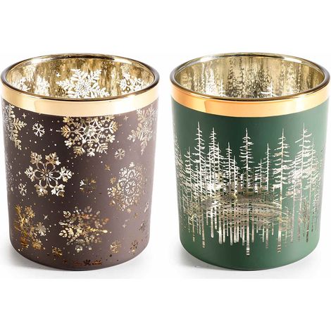 Portacandela natalizio in vetro colorato con dettagli simil oro lucido e decori, set da 6 pezzi, Ø 8,5 cm x 10 H