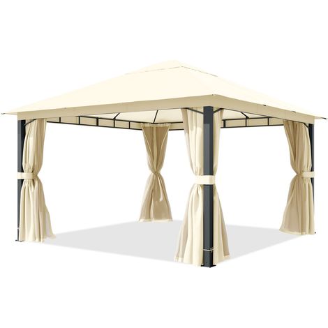 TOOLPORT Pavillon de jardin 4x4 m poteaux alu, toile de toit 220g/m² beige - avec parois latérales et moustiquaires (1/5)