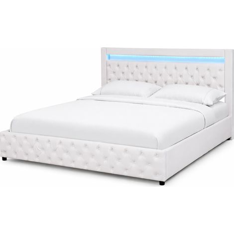 Lit capitonné 180x200 cm avec sommier à lattes, coffre de rangement et LED réglable, revêtement blanc en cuir régénéré, style classique - CHICFURN (1/5)