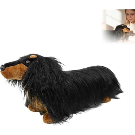 Jouet en peluche Teckel assis réaliste à poils longs - En coton super doux - Décoration d'intérieur - Cadeau pour les amoureux des chiens - Noir - 42 cm