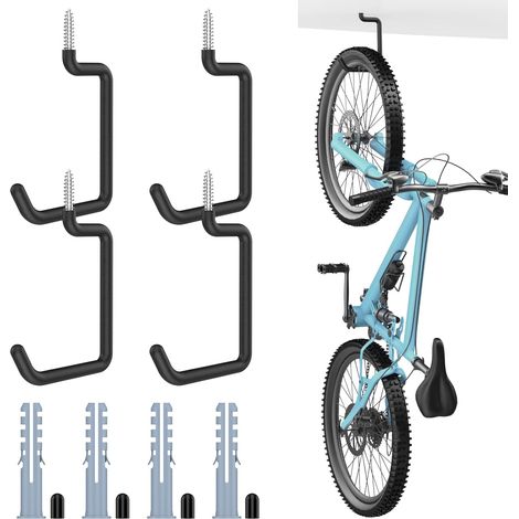 Crochets de Vélo à Visser, 8" pour mur et Plafond, 4Pcs Capacité de Chargement 75LBS avec Revêtement Antidérapant, Crochets de Rangement de garage Robustes pour Vélo, Chaise Pliable (1/5)