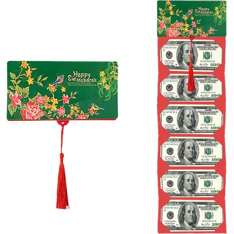 (Fleurs vertes et oiseaux) (6 emplacements pour cartes) Enveloppe pliante rouge verte malaisienne avec fente pour carte coulissante créative - Enveloppe d'anniversaire (1/2)