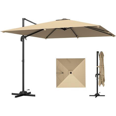 Parasol déporté carré 3x3 m jardin extérieur rotation 360° inclinable 5 positions pied croix kaki
