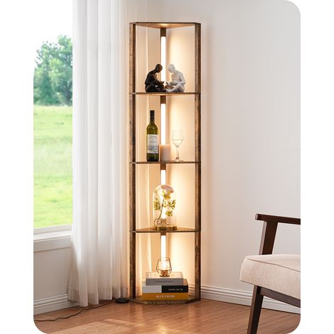 EDISHINE Stehlampe mit 4 Holz-Regal, Standleuchte Wohnzimmer, LED Dimmbar Stehleuchte 3-Farbtemperatur, Leselampe mit 360° Drehbarer Lichtmast