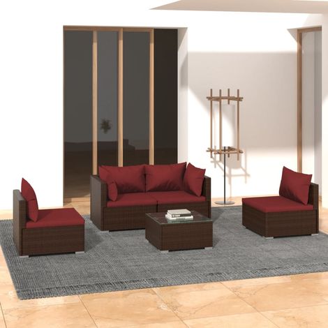 5-tlg. Garten-Lounge-Set mit Kissen Poly Rattan Braun vidaXL (1/5)