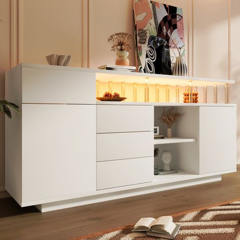 Buffet blanc 160 x 40 x 75 cm avec éclairage LED et supports acryliques, meuble de rangement à 4 tiroirs et 2 portes, enfilade avec étagères réglables pour salon, cuisine et entrée (1/5)