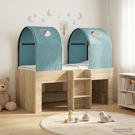 Lit haut enfant avec 2 tunnels, bois d’ingénierie, Sonoma et bleu clair, ensemble 3 pièces - PANGIVO (1/5)