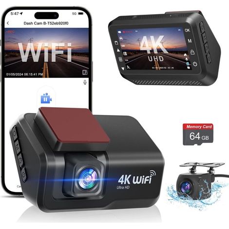 Dashcam Voiture Avant Arrière, 4K+1080P Camera Embarquée Voiture WiFi avec Application IPS 3" avec Carte 64Go Gratuite, Caméra de Voiture avec Vision Nocturne, Moniteur de stationnement, WDR (1/5)