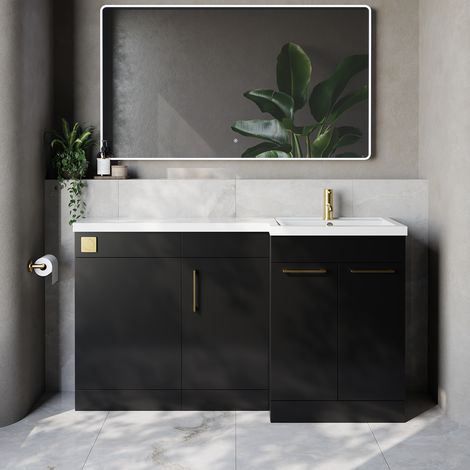 Napoli 390 Matt Black 1500mm 3 Door Vanity Unit Toilet Suite with Right Hand Square Lucia Basin - 1500mm - Brushed Brass 160mm HandleWithout Kingston Toilet Pan