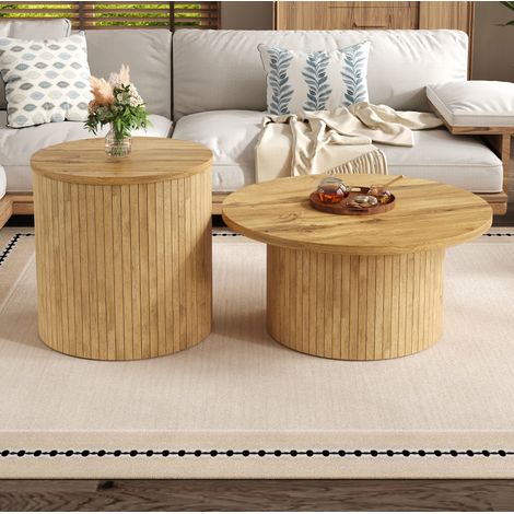 Tavolino basso rotondo set da 2, tavolini impilabili in MDF effetto legno naturale HAVRYA (1/5)
