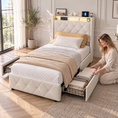 Comanlai - Lit Coffre 90×200 cm avec éclairage LED et USB, Lit Rembourré avec 2 Grands Tiroirs, Rangement, Facile à Assembler, Moderne, Flanelle, Beige (sans Matelas) (1/5)