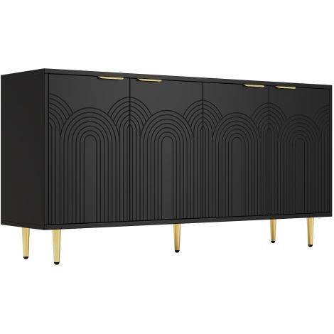 Buffet noir 4 portes poignées dorées brossées pieds brillants 160×80×40 cm