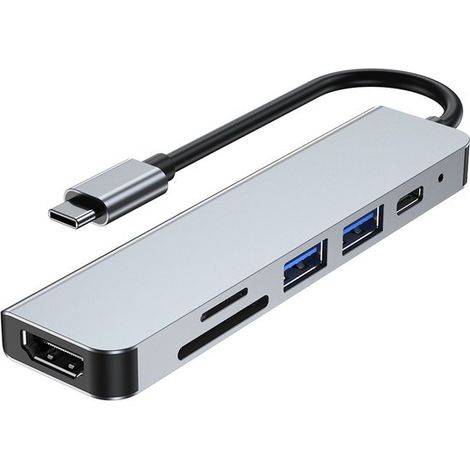 Adattatore hub multiporta USB-C 6 in 1 per PC - Da Type-C a HDMI con lettore di schede, PD 87W, compatibile con laptop e dispositivi 4K (grigio) (1/5)