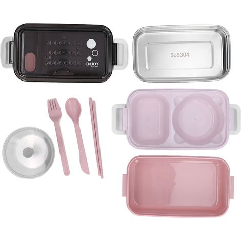 Boîte à lunch empilable à 2 compartiments avec boucle de pliage, en acier inoxydable rose corail, bol à soupe de 200 ml en acier inoxydable 304 (1/5)