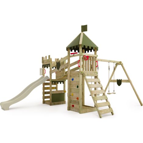 Fatmoose RiverRun Royal wooden play tower with swing and slide in sage green