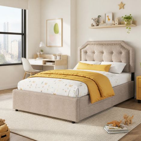 Cama infantil 90x200 cm de MDF y tela beige con almacenaje, sin colchón FloraGrace (1/5)