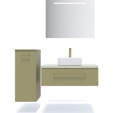 Meuble de salle de bain suspendu vasque à poser 90cm 1 tiroir Vert olive + miroir + colonne ouverture gauche - Glasgow (1/5)