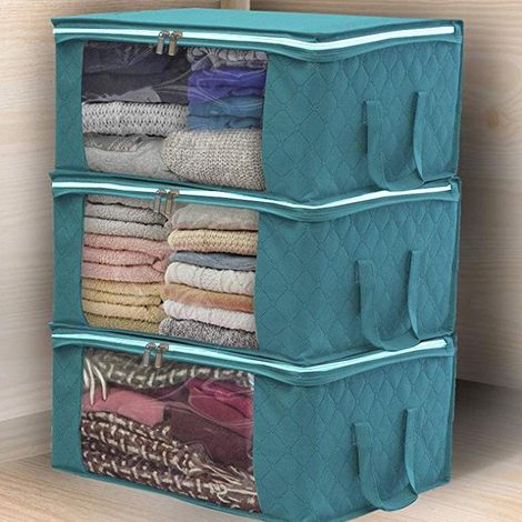 Housse rangement sous lit lot 3pcs bleu plastique, dimension 493621cm, rangement couvertures vêtements adulte (1/4)