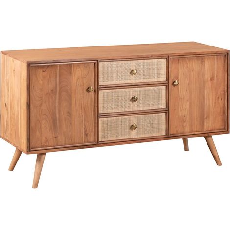 KESIAH - Buffet 2 portes 3 tiroirs en acacia finition teinté teck avec plaquage cannage (1/5)